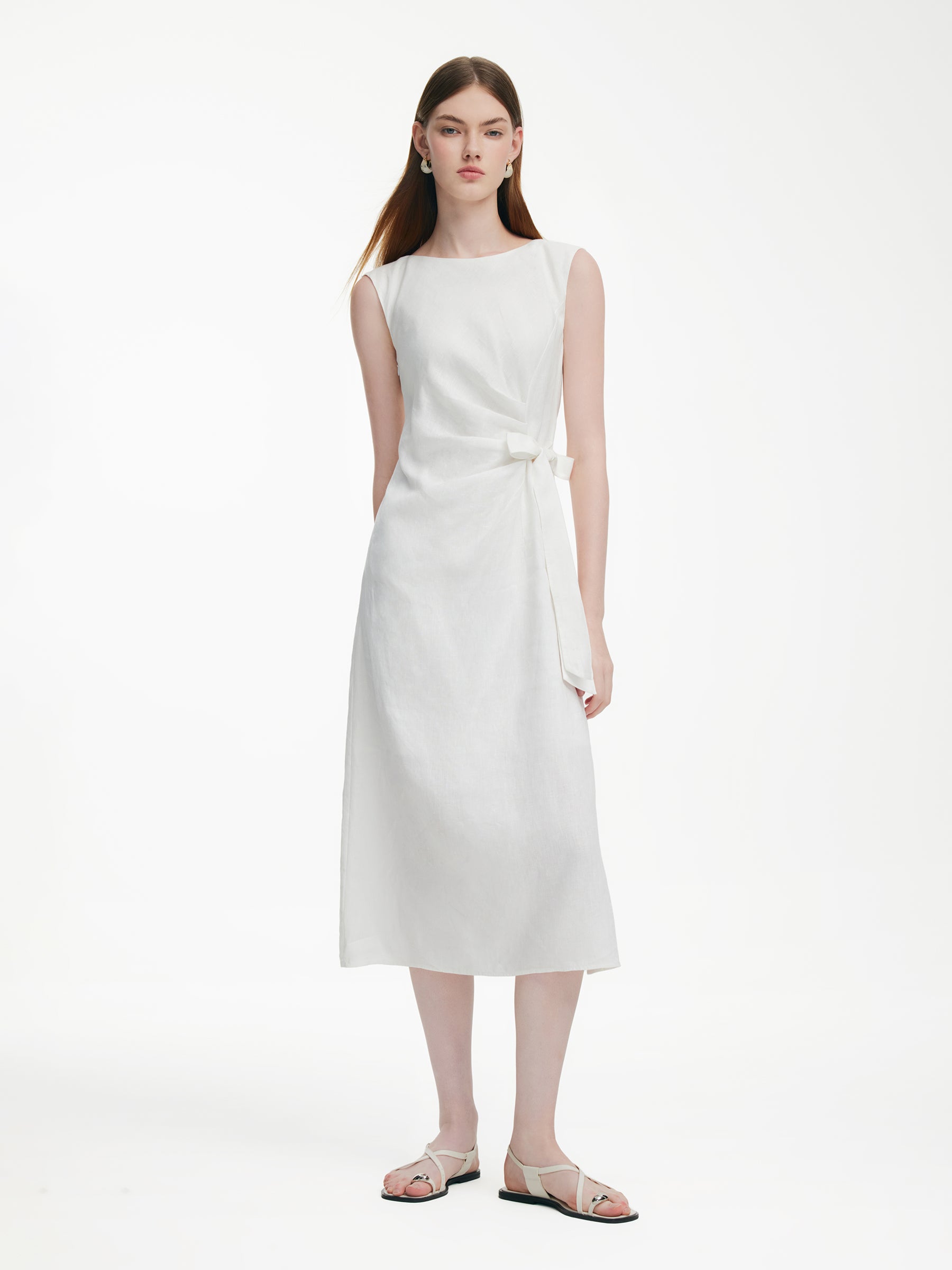 100% Linen Side Tie Women Sleeveless Maxi Dress GOELIA