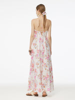 100% Linen Rose Print Women Halterneck Slip Maxi Dress GOELIA