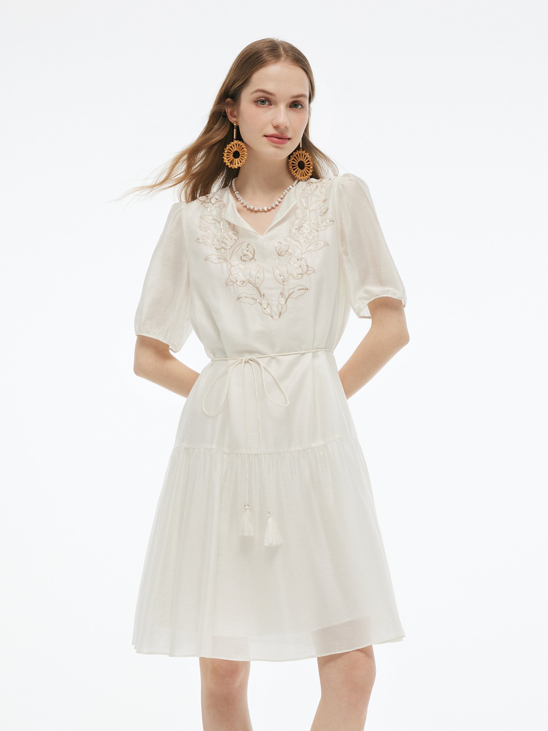 Tencel Blend Sequins Embroidered Women Midi Dress With Tie String Belt GOELIA