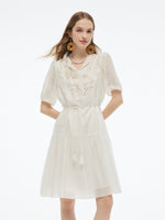 Tencel Blend Sequins Embroidered Women Midi Dress With Tie String Belt GOELIA