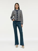 Blue And White Stripe Women Cardigan With Detachable Ruffle Collar GOELIA