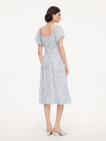 10MM Mulberry Silk Floral Print Women Bubble Hem Midi Dress With Scrunchie GOELIA