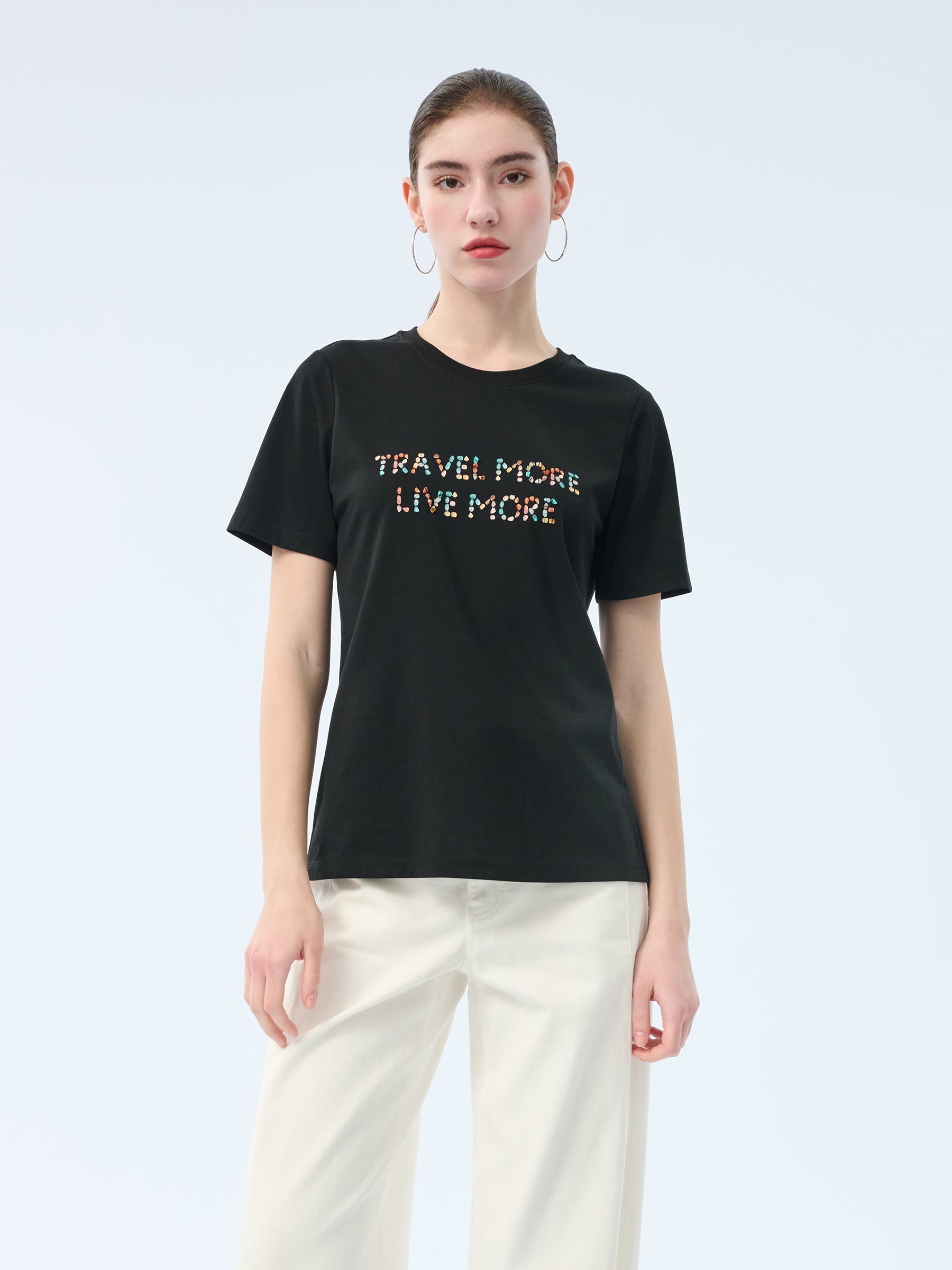 Cotton Beaded Letter Women T-Shirt GOELIA