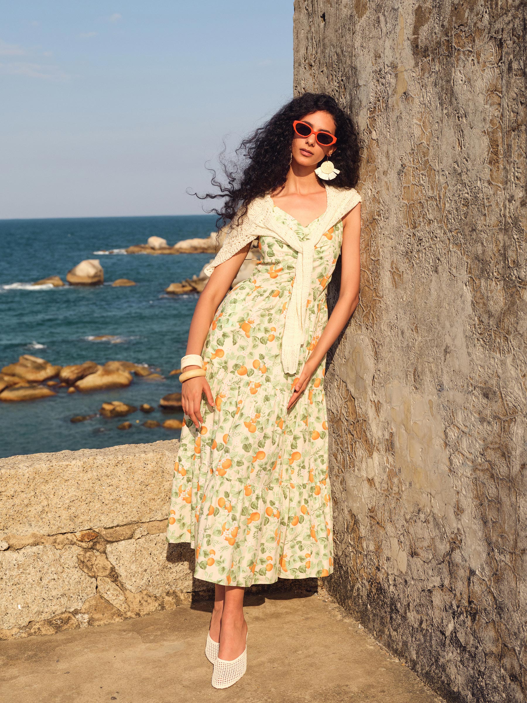 Cotton Floral Print Strap Maxi Dress And Openwork Cardigan Two-Piece Set GOELIA