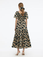Cotton Stretch Floral Print Women Smocked Maxi Dress GOELIA
