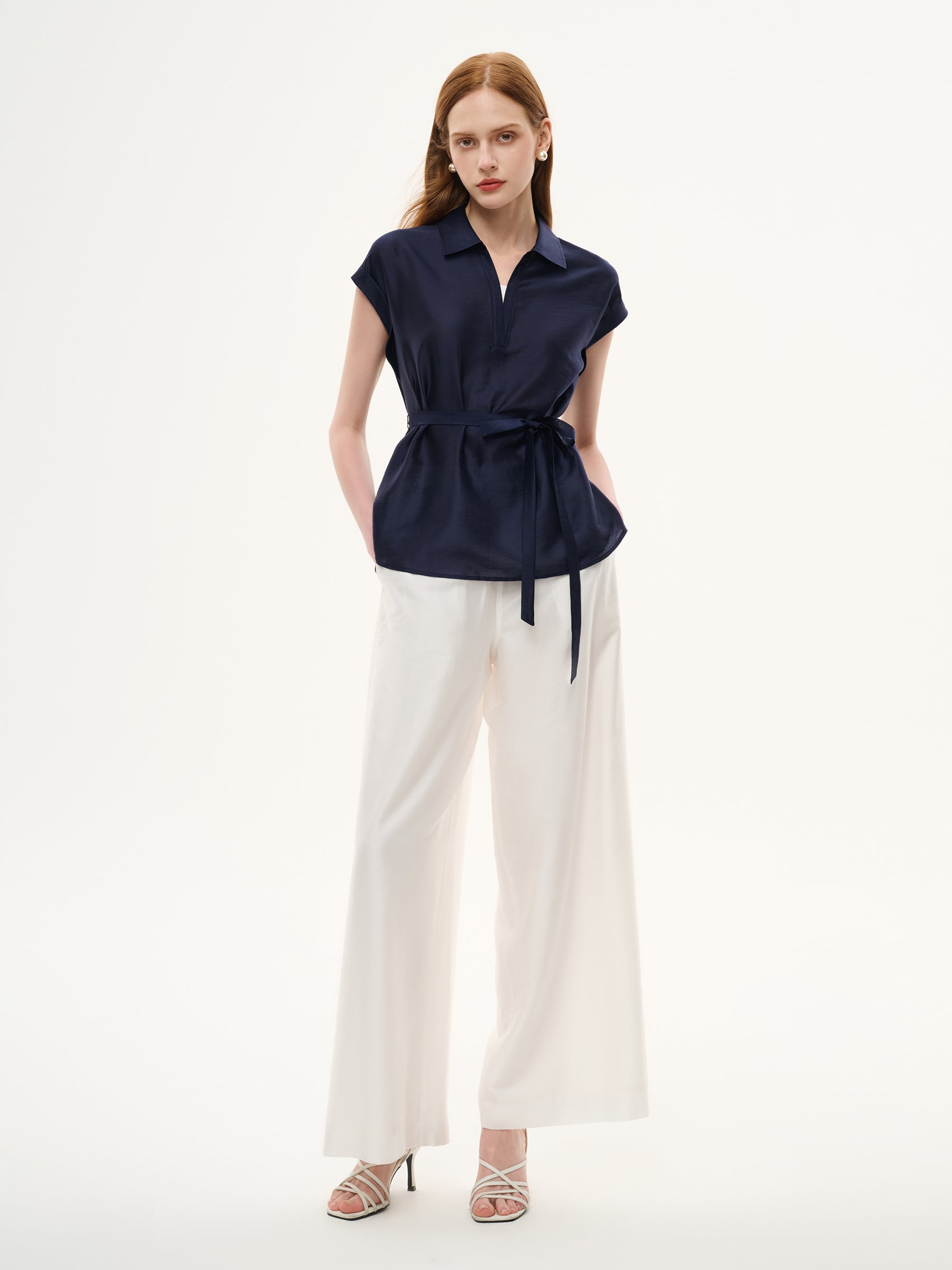 Tencel Blend Belted Blouse And Pants Two-Piece Set GOELIA