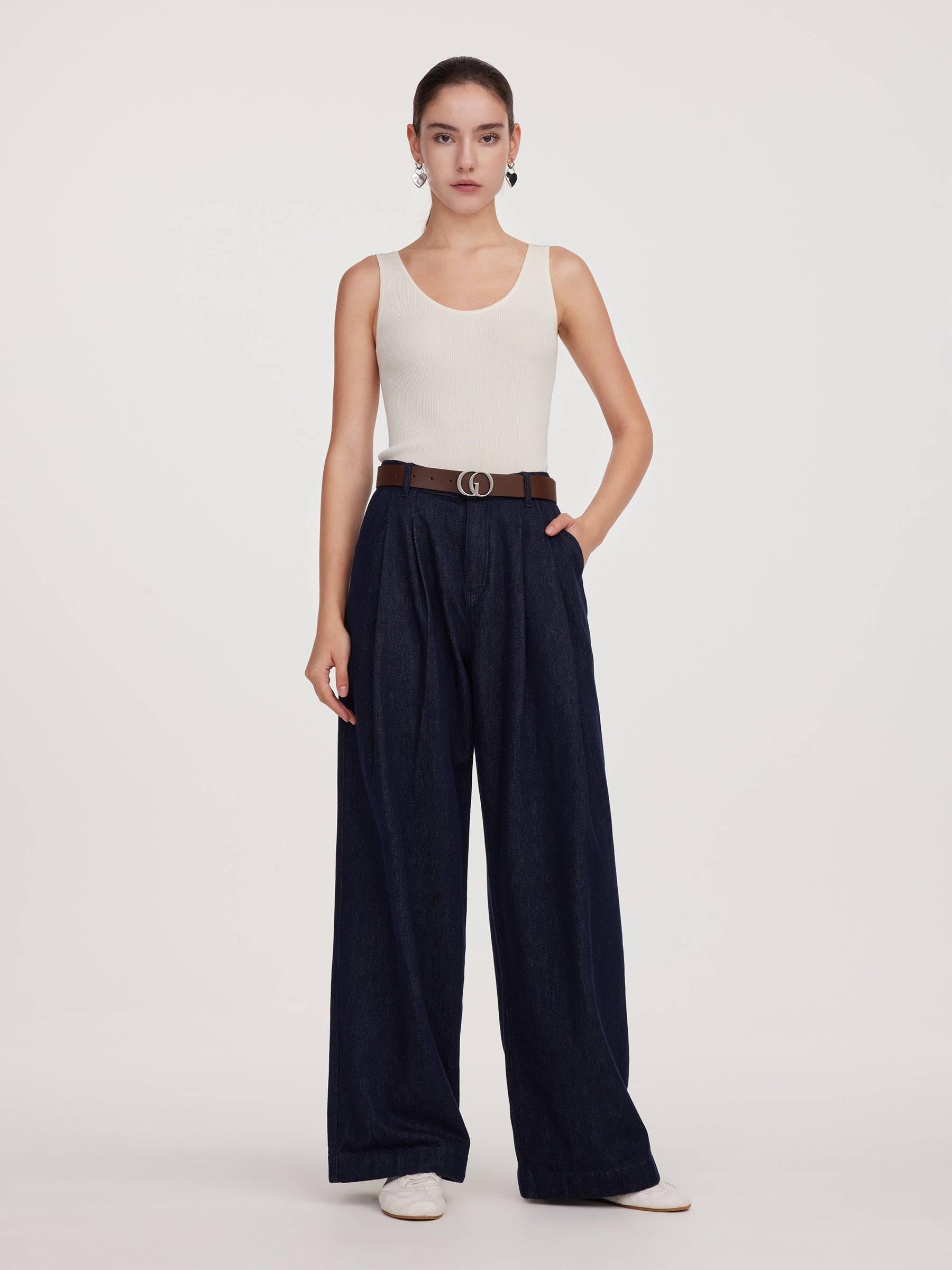 100% Cotton Denim Wide Leg Women Jeans With GO Letter Belt GOELIA