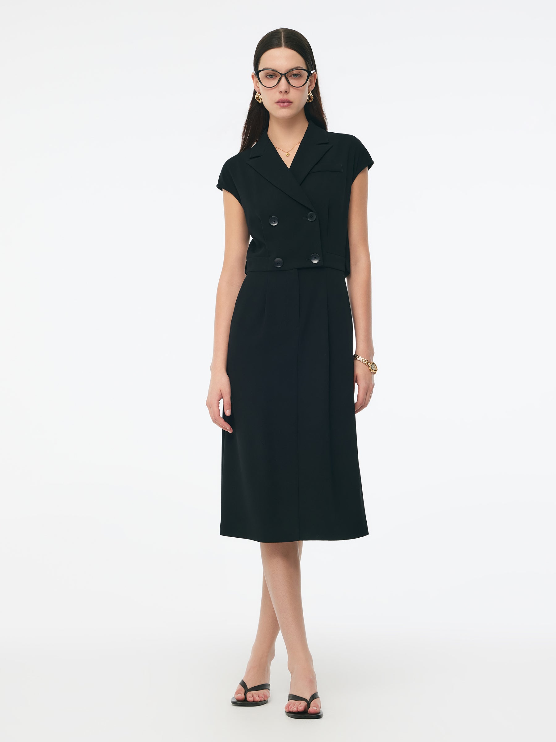 Triacetate Faux Two-Piece Cap Sleeve Women Blazer Midi Dress GOELIA