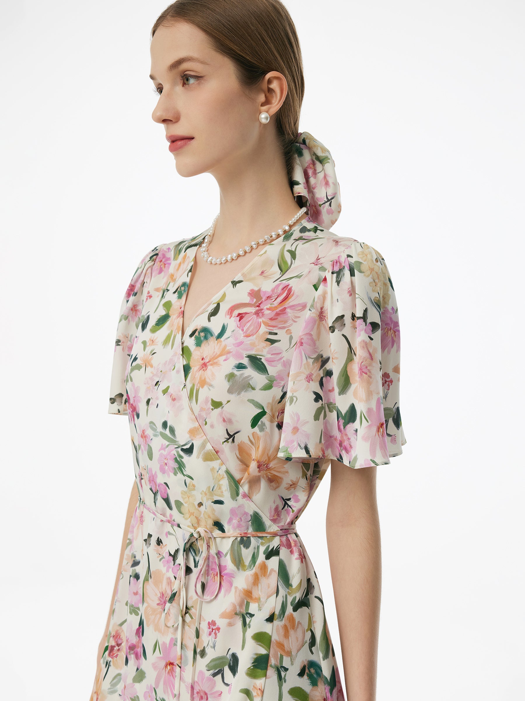 19MM Mulberry Silk Floral Print V-Neck Women Wrap Midi Dress GOELIA