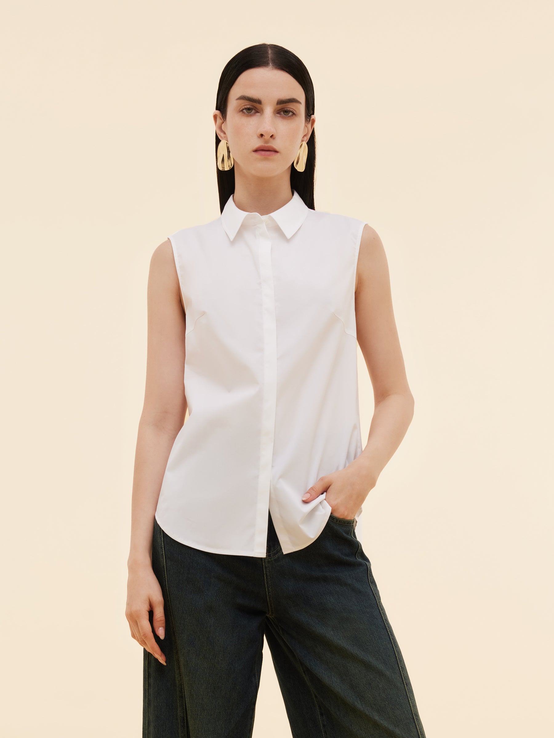 Sleeveless Concealed Placket Women Shirt GOELIA