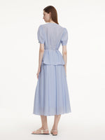 Acetate Blend Blouse And A-Line Skirt Belted Two-Piece Set GOELIA
