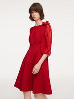 Chili Red Jacquard Boat Neck Women Midi Dress With Detachable Flower GOELIA