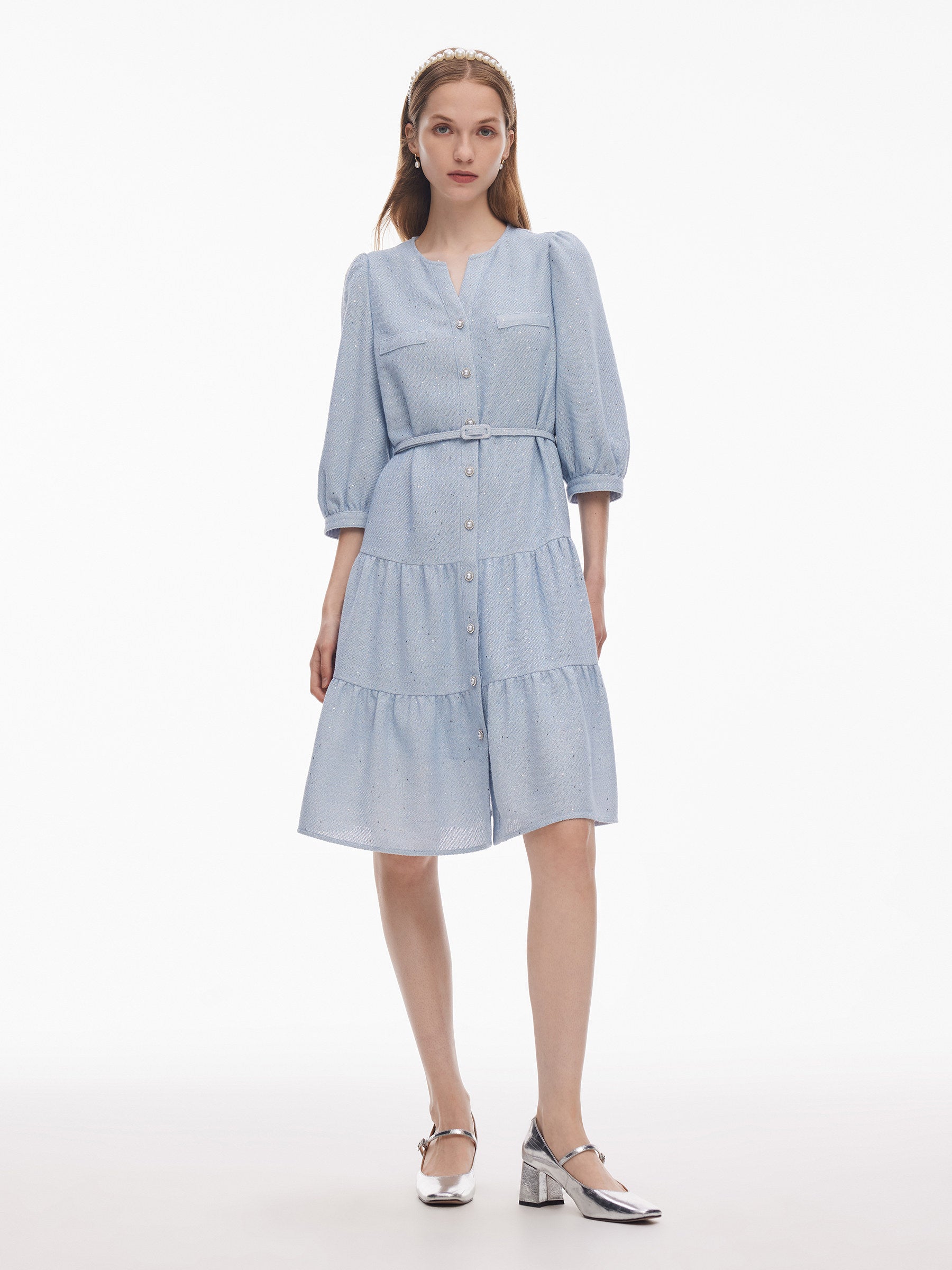 Acetate Blend Tweed Sequins Women Midi Dress With Belt GOELIA