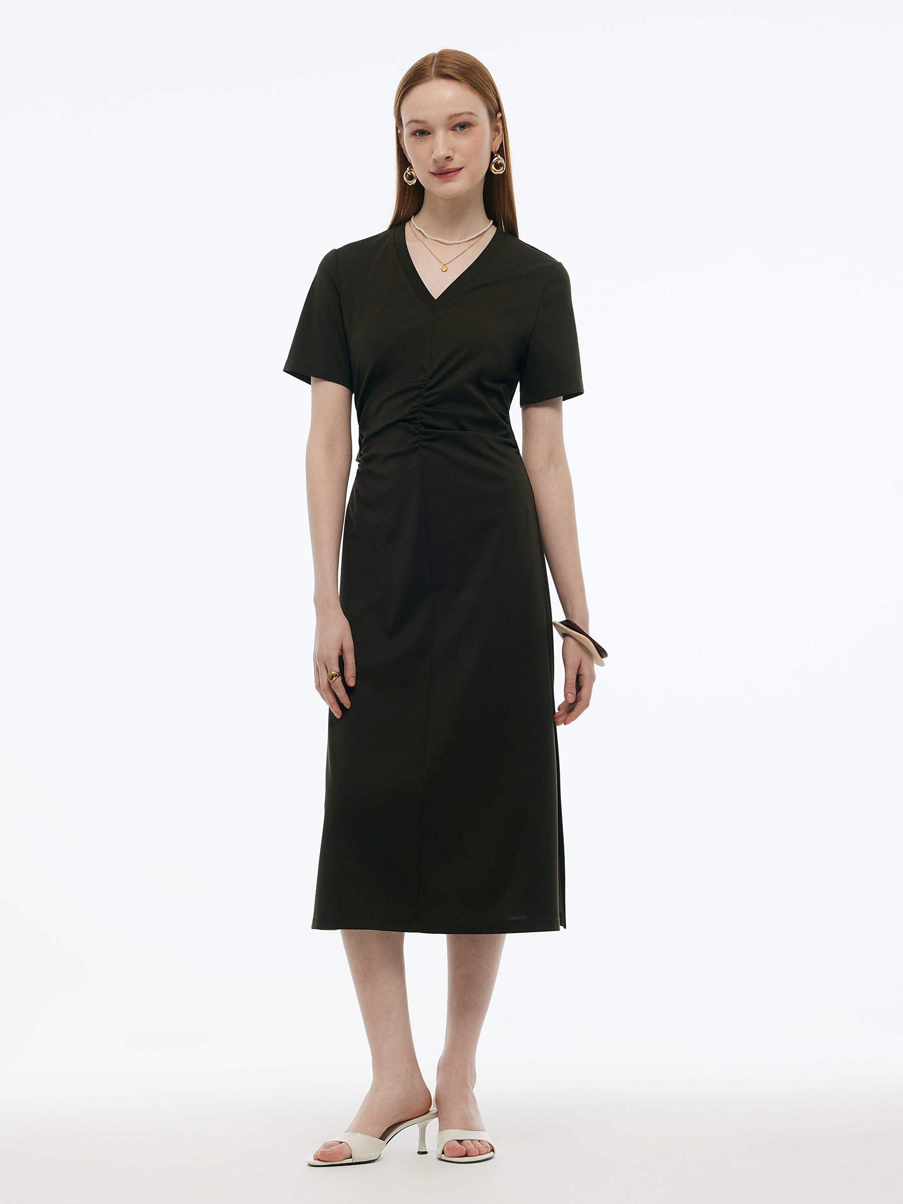 Tencel-blend Gathered Waist Women Tuck Detail Midi Knit Dress GOELIA