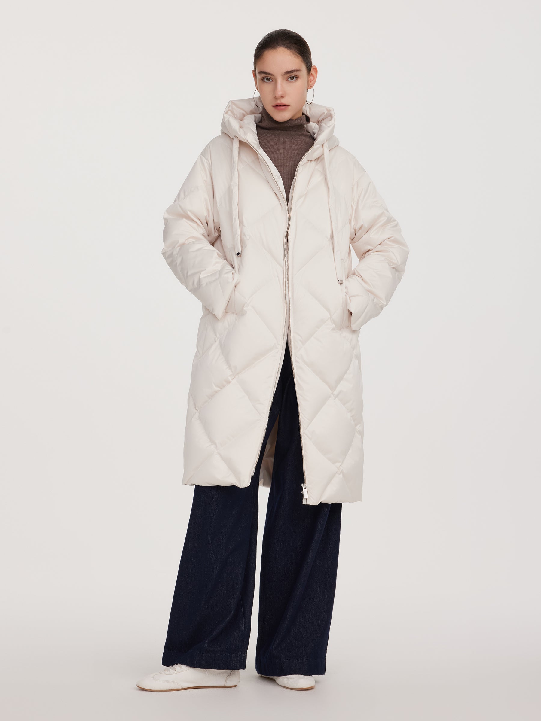 Diamond Quilted Hooded Zip-Up Unisex Long Goose Down Coat GOELIA