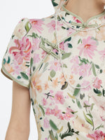 19MM Mulberry Silk Floral Print Side Twist Women Qipao Midi Dress GOELIA
