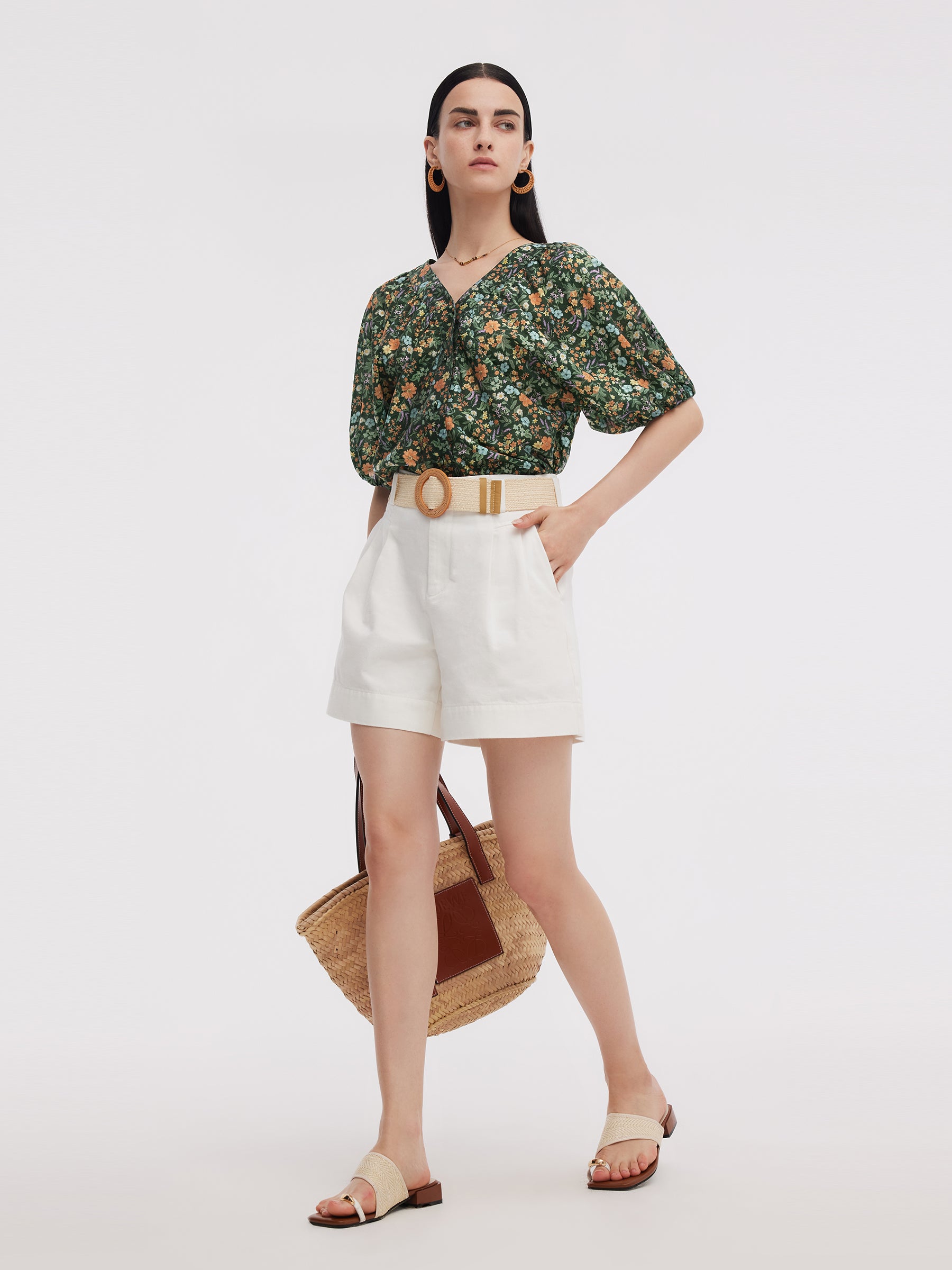 Tencel Blend Floral Print Women V-Neck Blouse GOELIA