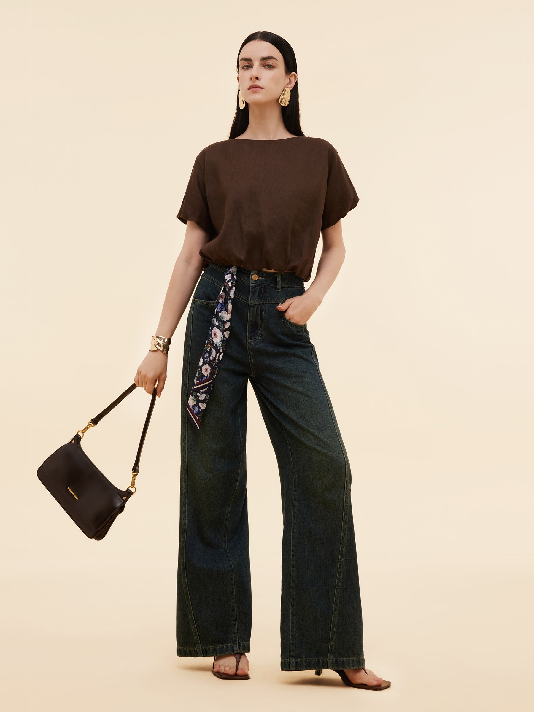 Denim Adjustable Waist Straight Wide Leg Women Jeans GOELIA