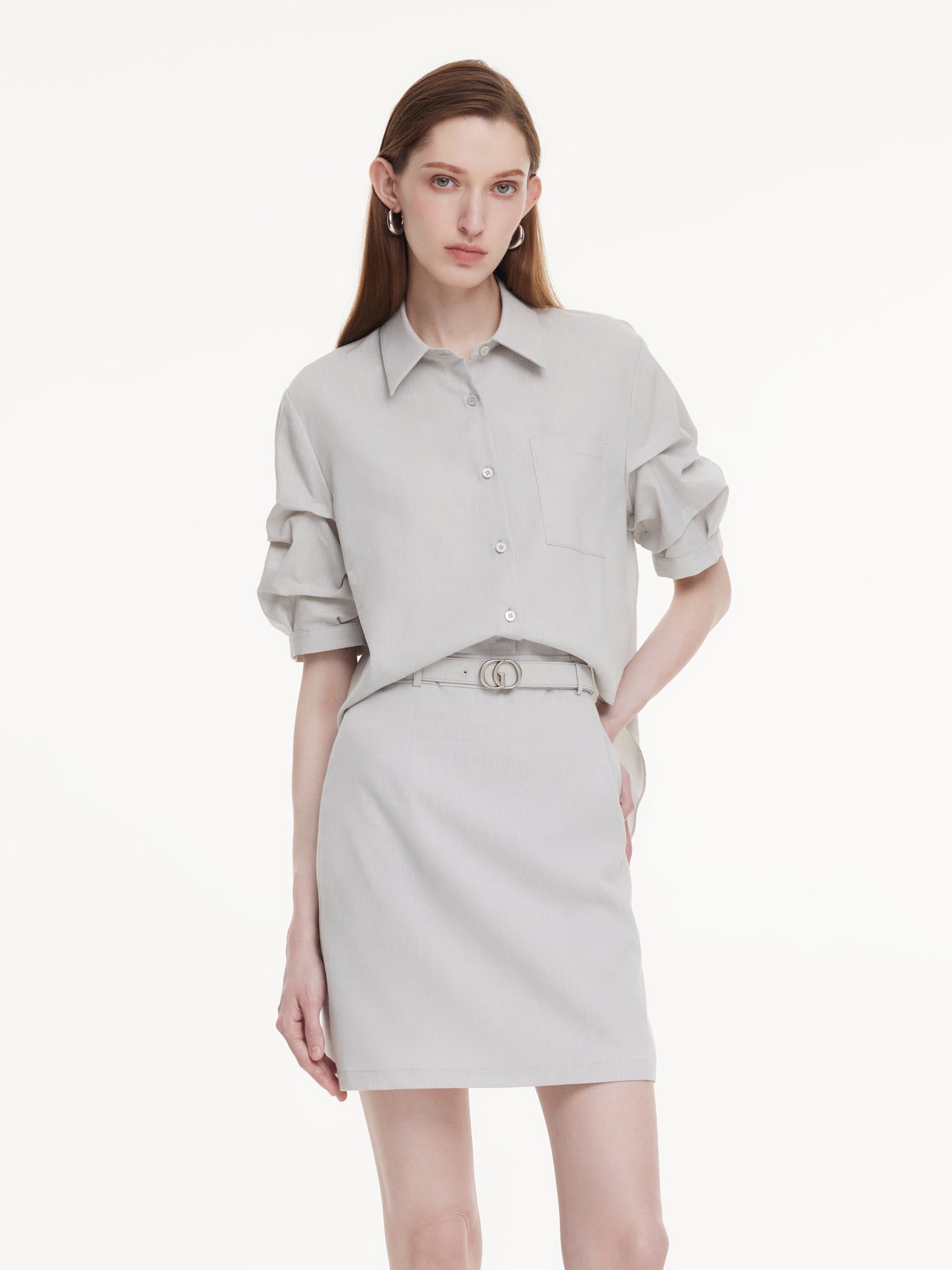 Lyocell Linen Blend Mock-Layered Women Mini Shirt Dress GOELIA