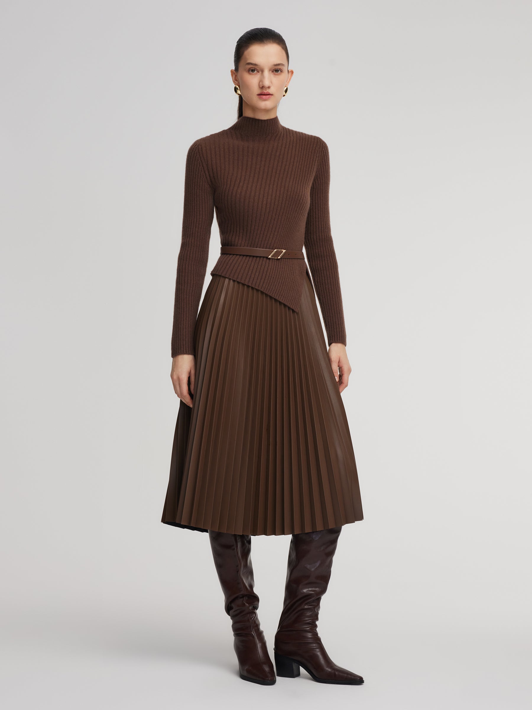 100% Wool Knit Top And PU Leather Skirt Two-Piece Set With Belt GOELIA
