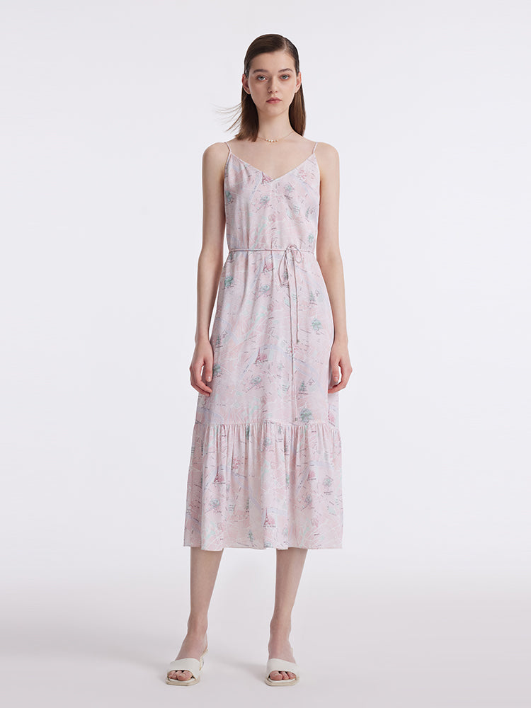 19 Momme Mulberry Silk Map Printed Women Midi Dress With Belt GOELIA