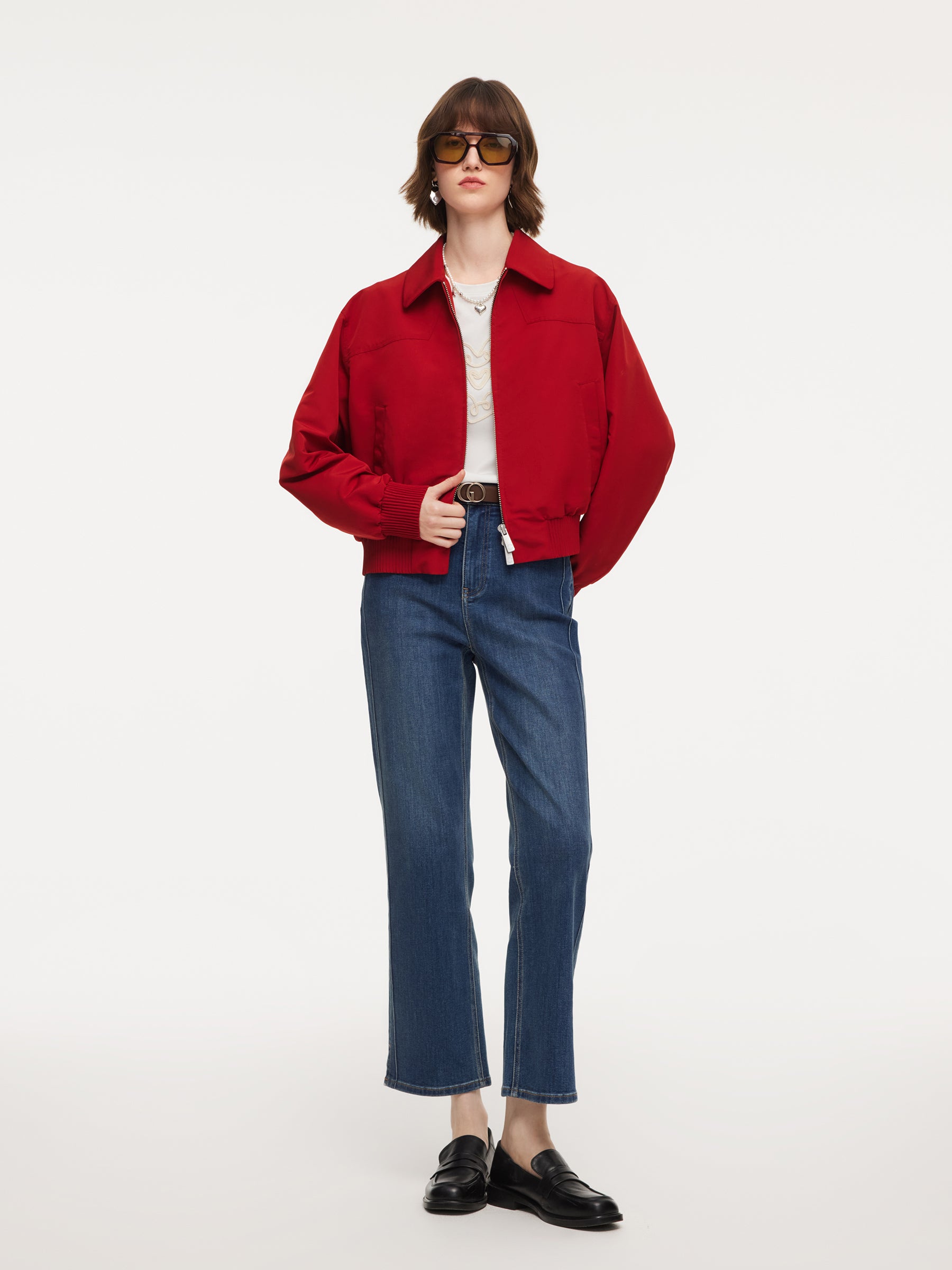Chili Red Zip-Up Women Cropped Jacket GOELIA