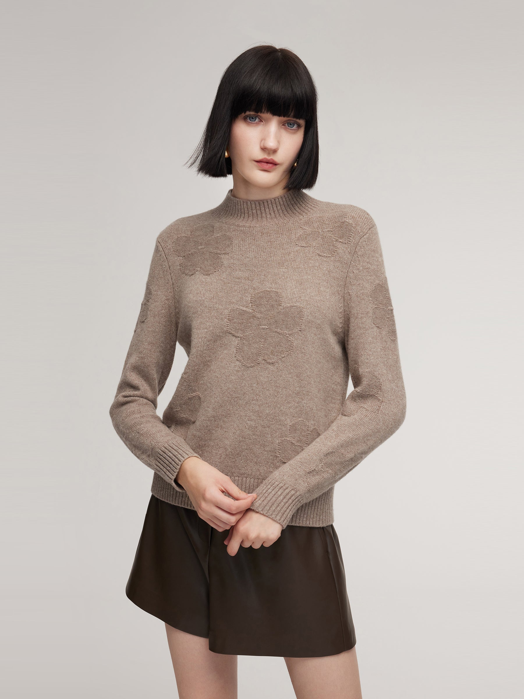 Wool Jacquard Mock Neck Women Knit Top GOELIA