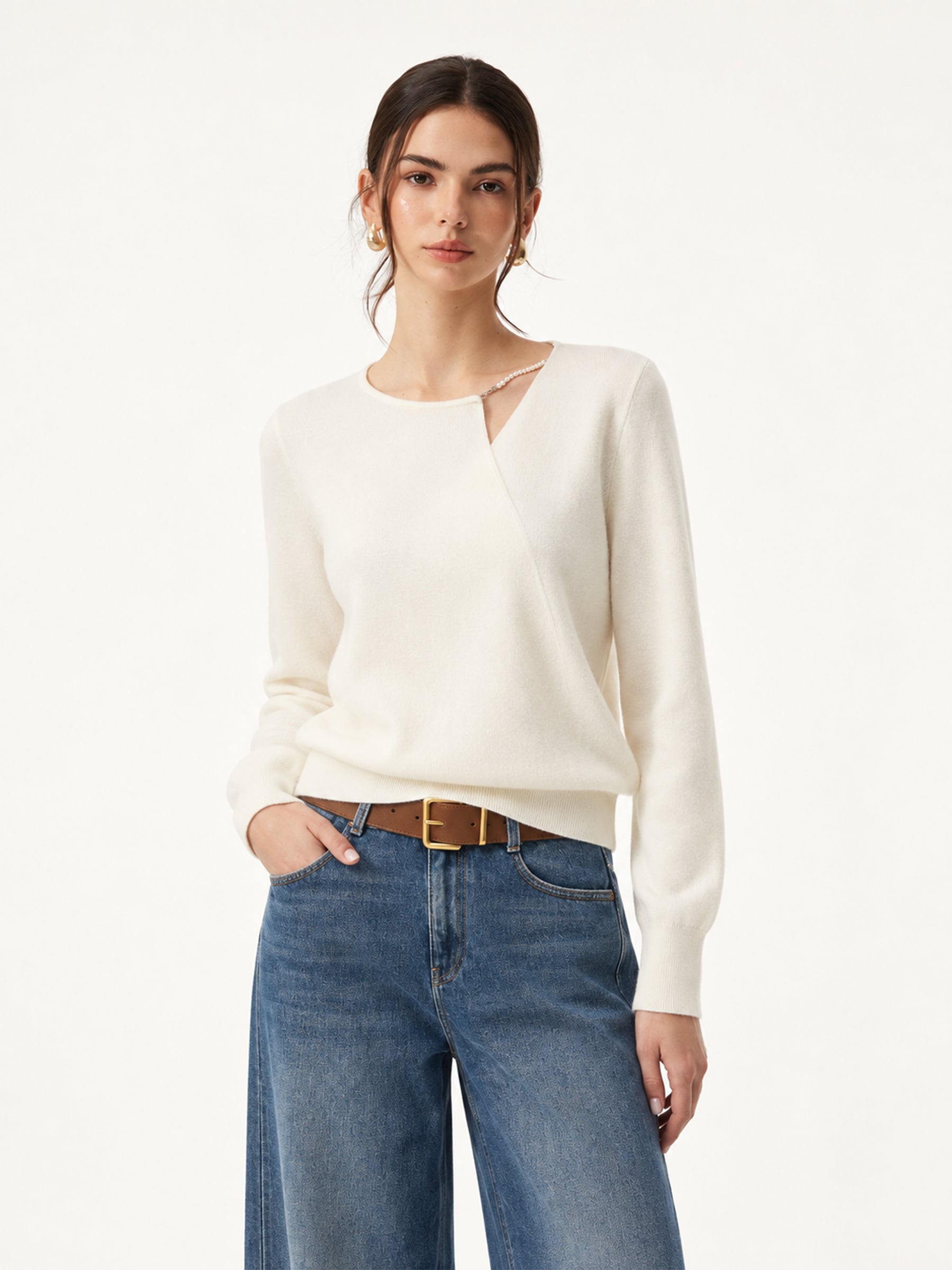 Lyocell Wool Blend Asymmetrical Neck Women Knit Top GOELIA