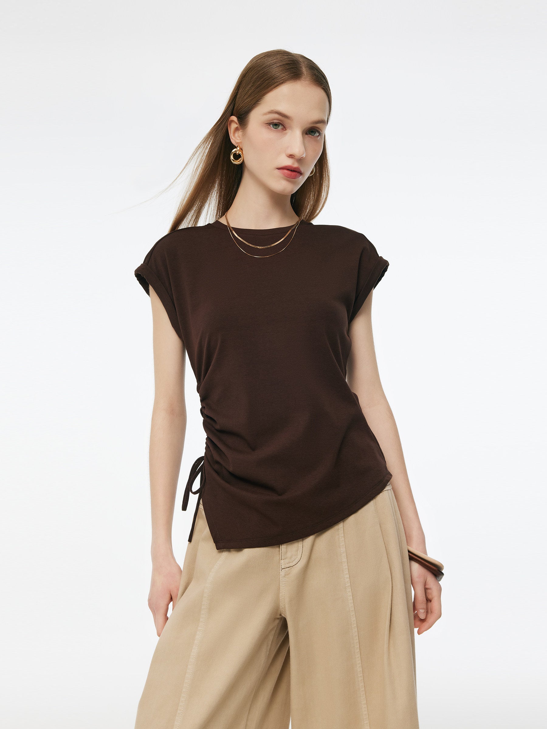 Stretch Asymmetric Hem Women Drawstring Cap Sleeve Knit Top GOELIA