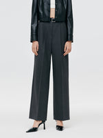 Worsted Wool Women Wide Leg Pants With Leather Belt GOELIA