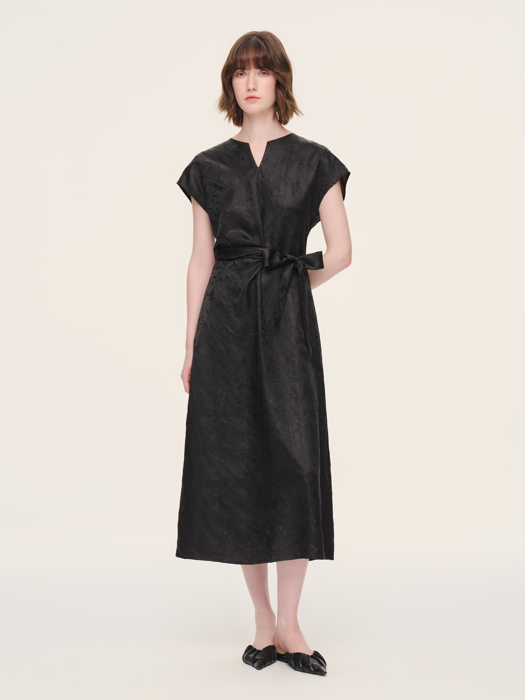 19MM Gambiered Canton Gauze Women Belted Maxi Dress With Scrunchie GOELIA