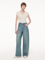 100% Cotton Denim Women Curved Leg Jeans GOELIA