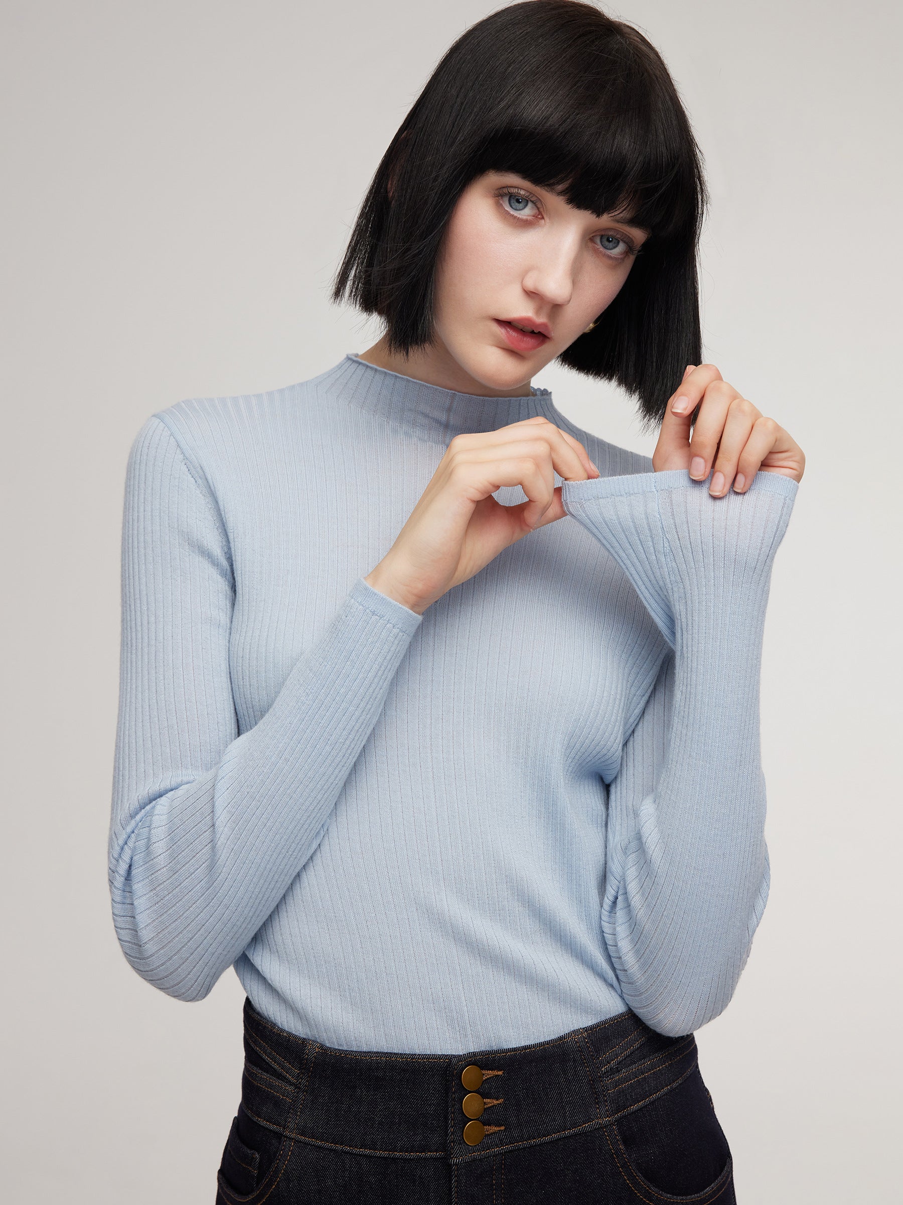 100% Washable Wool Mock Neck Women Knit Top GOELIA