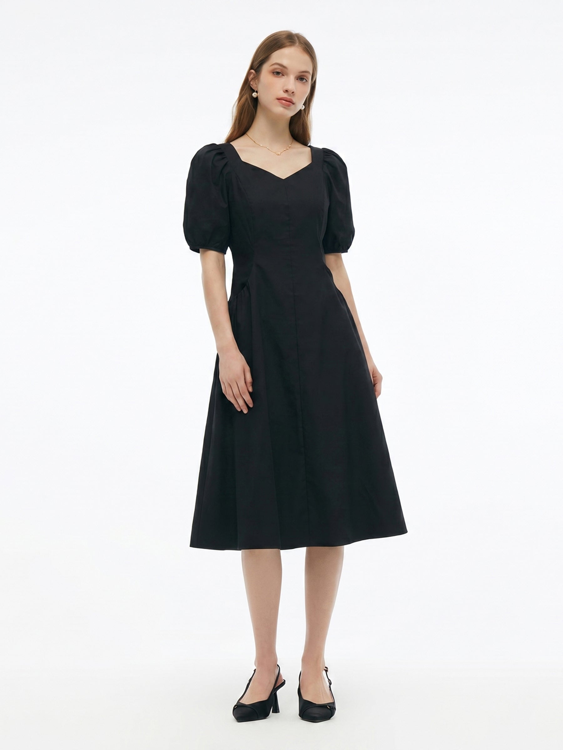 square neck dress puff sleeve knee length Ashley Lauren 4534
