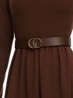 Tencel Wool Blend Boat Neck Women Knit Maxi Dress With Leather Belt GOELIA