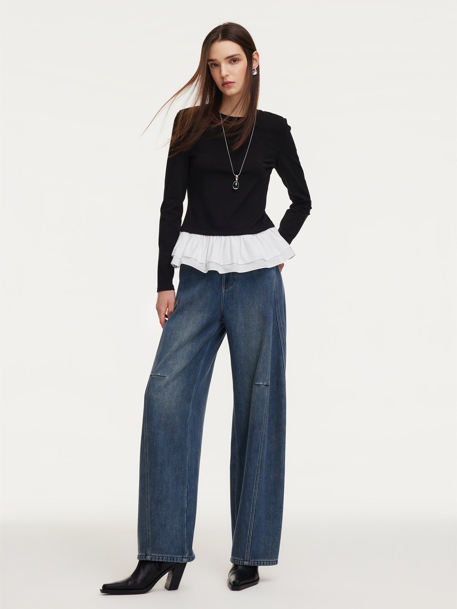 Ruffle Hem Long Sleeve Women Knit T-Shirt GOELIA