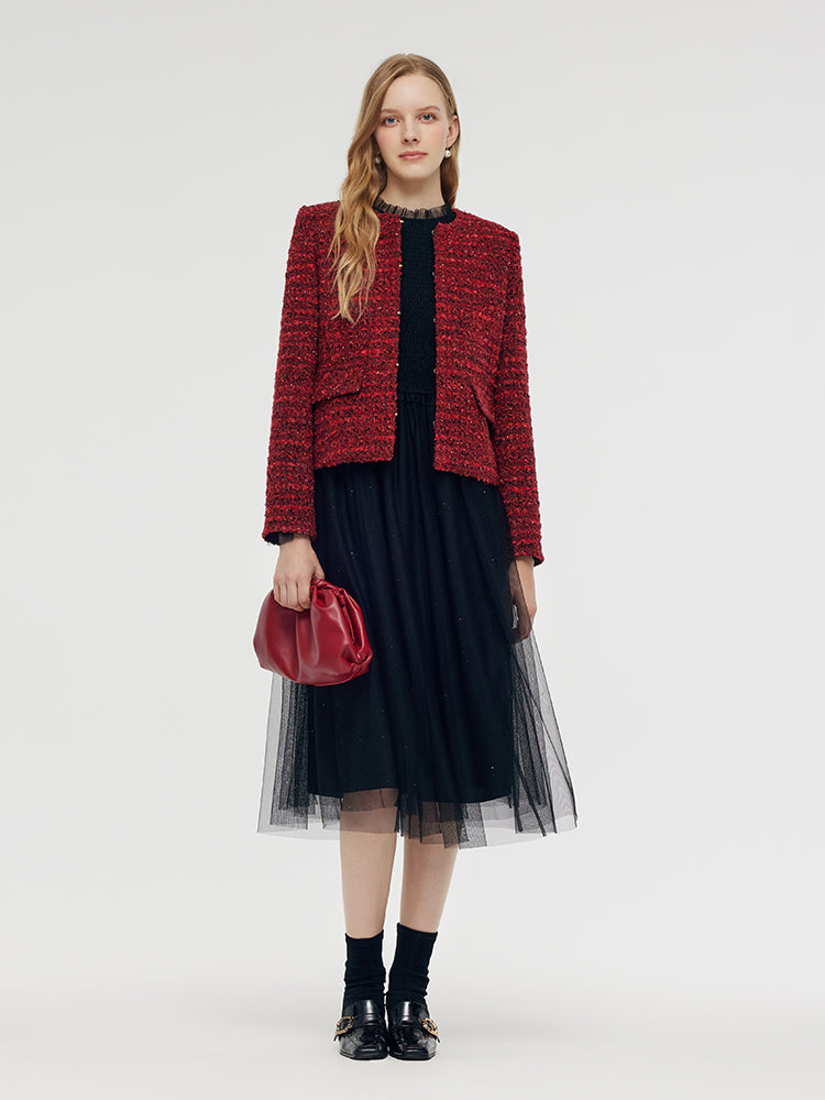 Wool Blend Tweed Frayed Hem Women Jacket