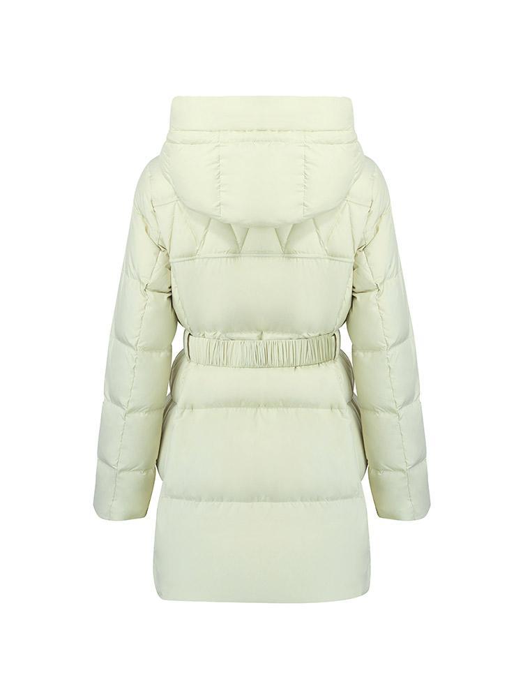 Green Hooded Gathered Waist Goose Down Garment With Belt GOELIA