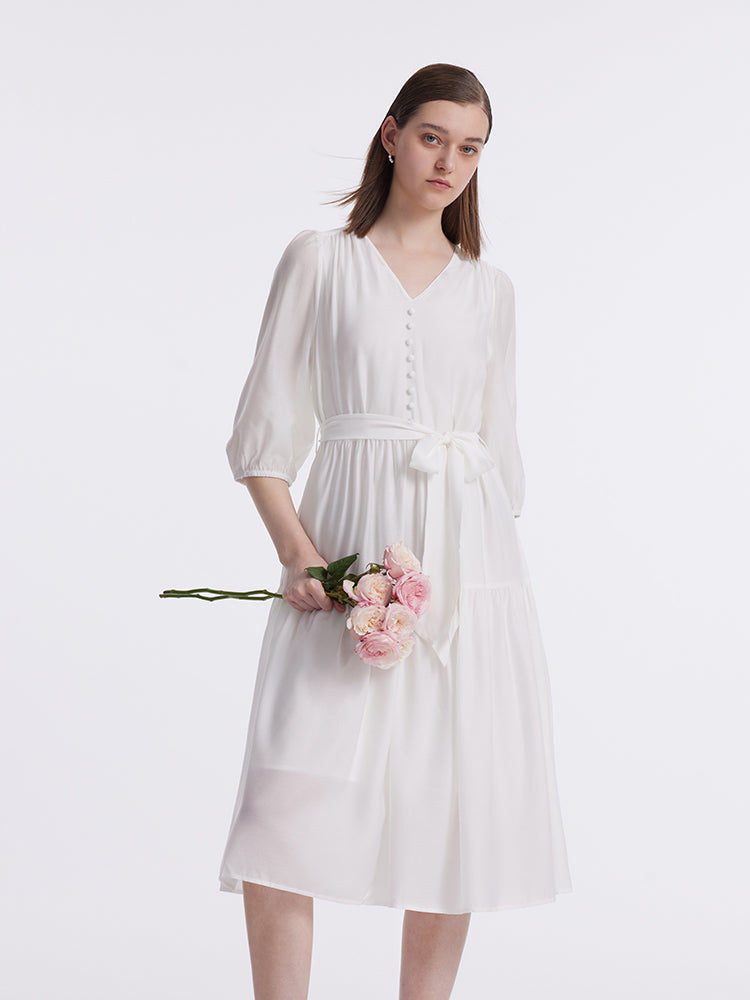 White V-Neck Gathered Waist Midi Dress, Off White / S White V-Neck Gathered Waist Midi Dress, Off White / S