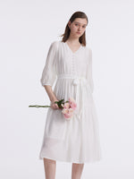 White V-Neck Gathered Waist Midi Dress GOELIA