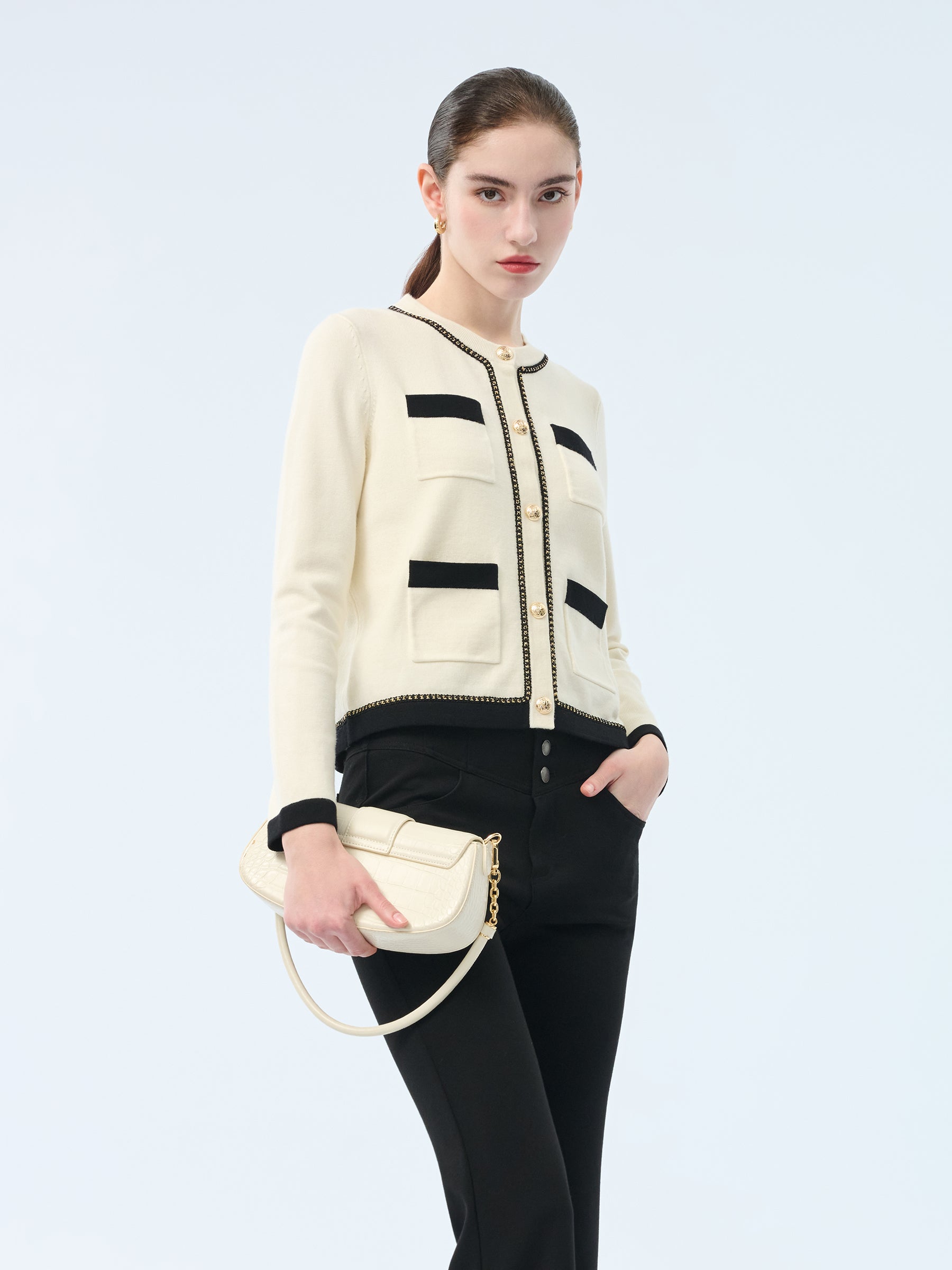 Tencel Blend Contrast Trim Women Cardigan GOELIA