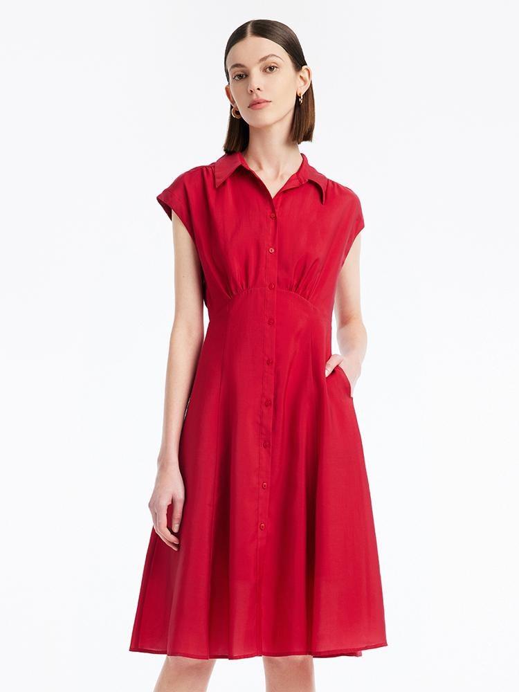 Red Tencel Shirt-style Midi Collared Dress GOELIA