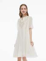 Tencel Blend Sequins Embroidered Women Midi Dress With Tie String Belt GOELIA