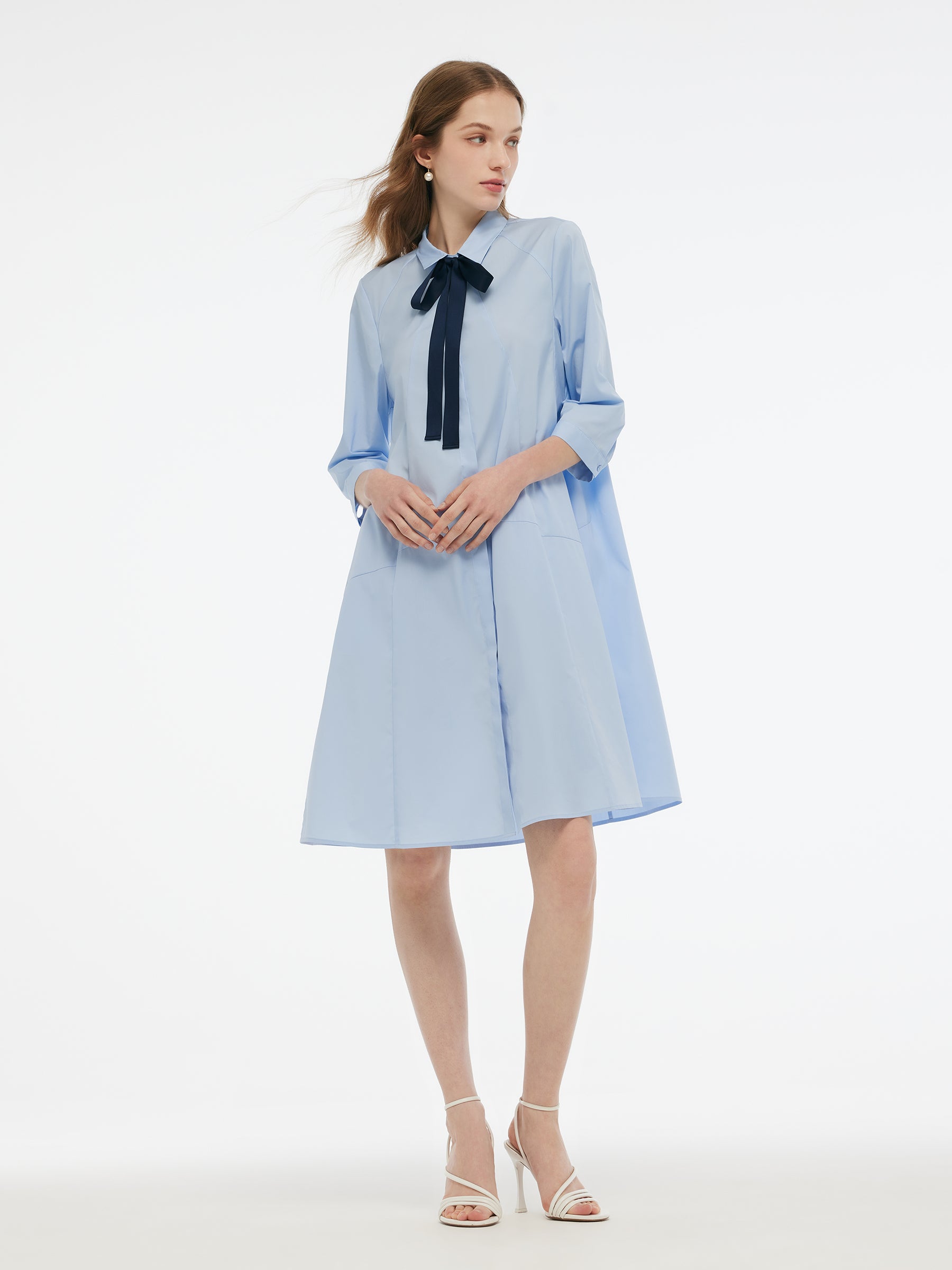 A-Line Button Up Women 3/4 Sleeve Shirt Midi Dress With Ribbon GOELIA