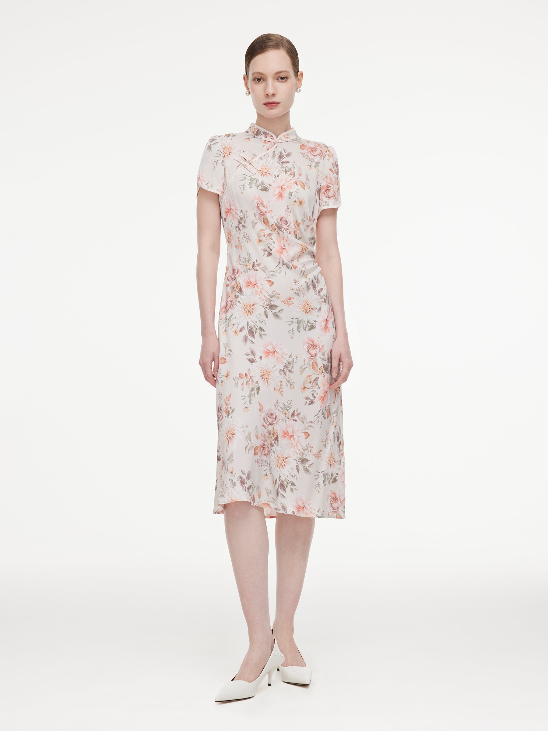 [Preview] 19MM Mulberry Silk Floral Print Women Qipao Midi Dress GOELIA