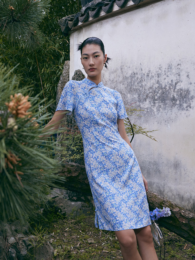 Blue Floral Cheongsam Qipao Mini Dress GOELIA