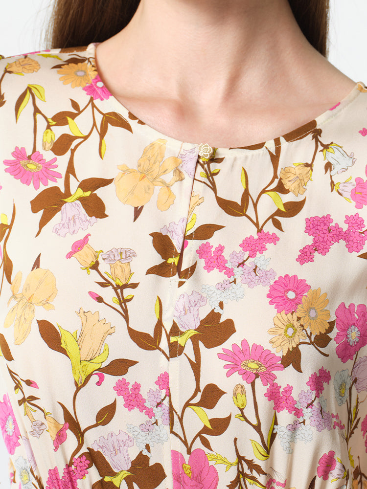 19 Momme Mulberry Silk Floral Printed Women Midi Dress GOELIA