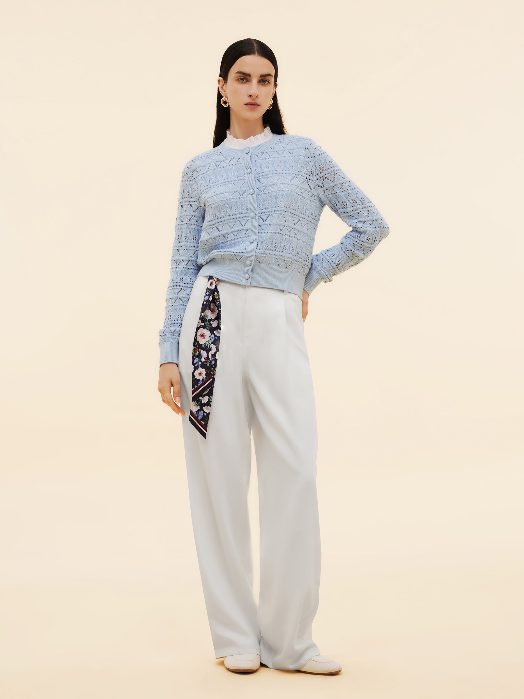 Cotton Openwork Women Round Neck Cardigan GOELIA