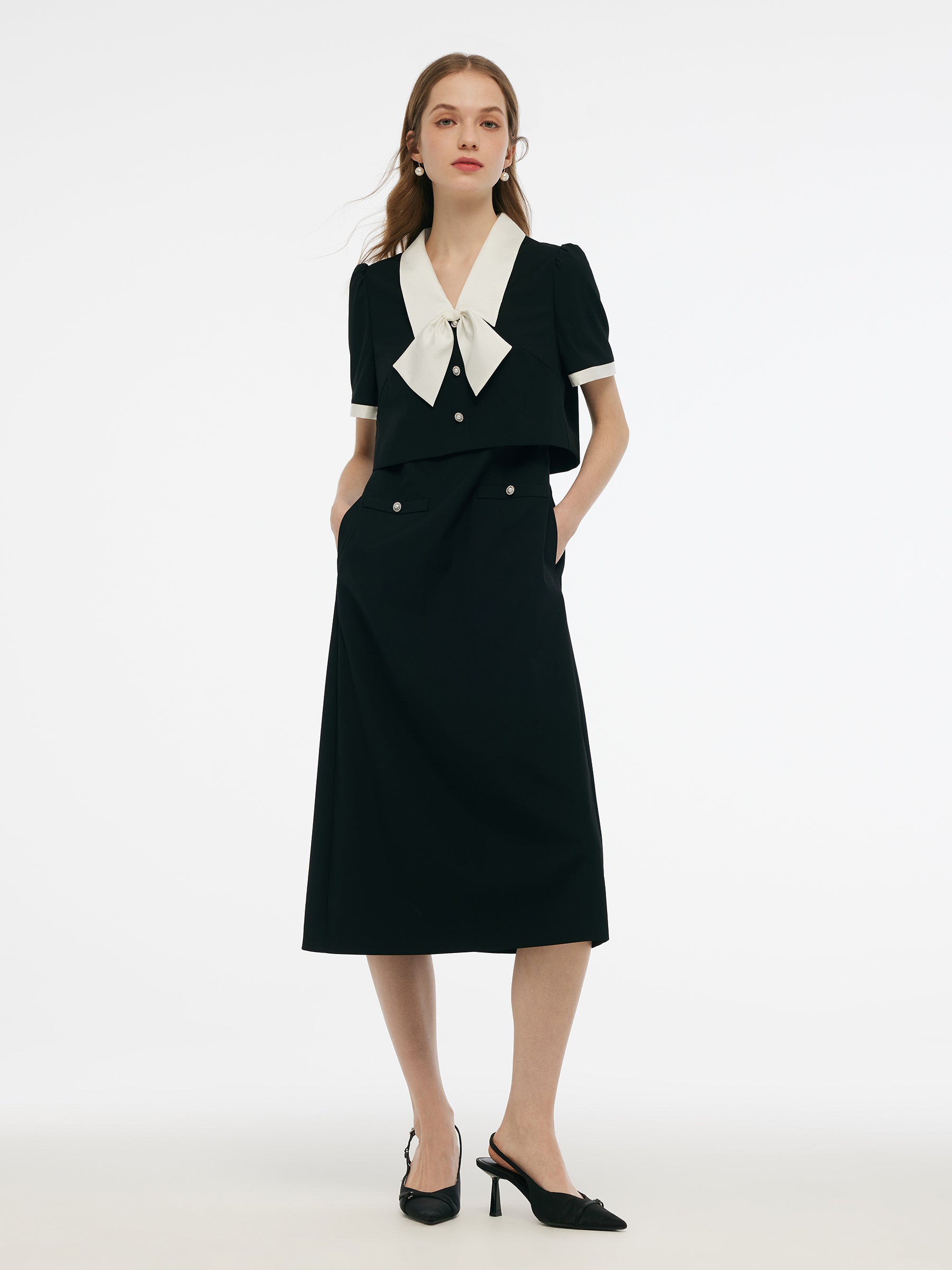 Faux Two-Piece Women Midi Dress With Detachable Bowknot GOELIA