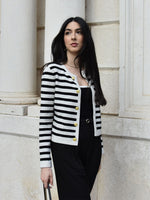 Button Up Woolen Striped Lady Cardigan GOELIA
